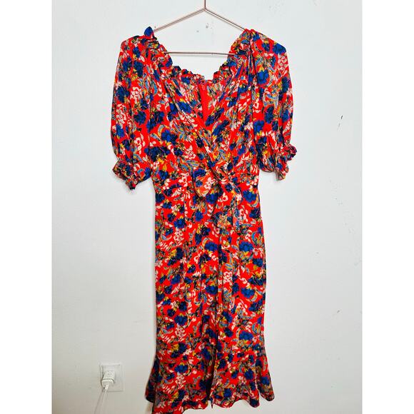 SALONI Red Floral Flame Azalea Olivia Tie-Waist 100% Silk Ruched Ruffles Dress 6 - Picture 2 of 16